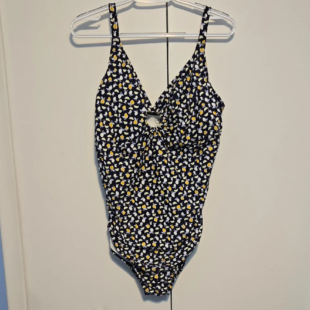 LOFT Beach Navy and Yellow Fruit‎ Pattern Swimsuit